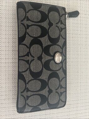 Coach Black and Taupe Signature Zip Wallet